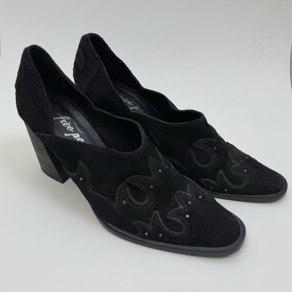 Free People Alamo Booties Black Suede Leather 38 7.5/8 Shoes Studs Western Heels